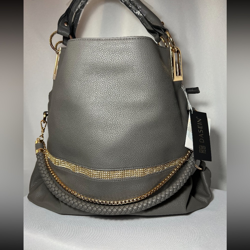 Gray Purse With Gold Straps